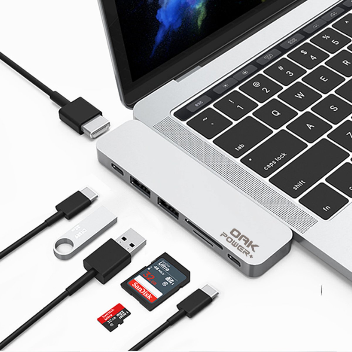 MacBook Pro adapter Usb c hub Met Thunderbolt 3 & HDMI van  OAK Power+ | Space Gray